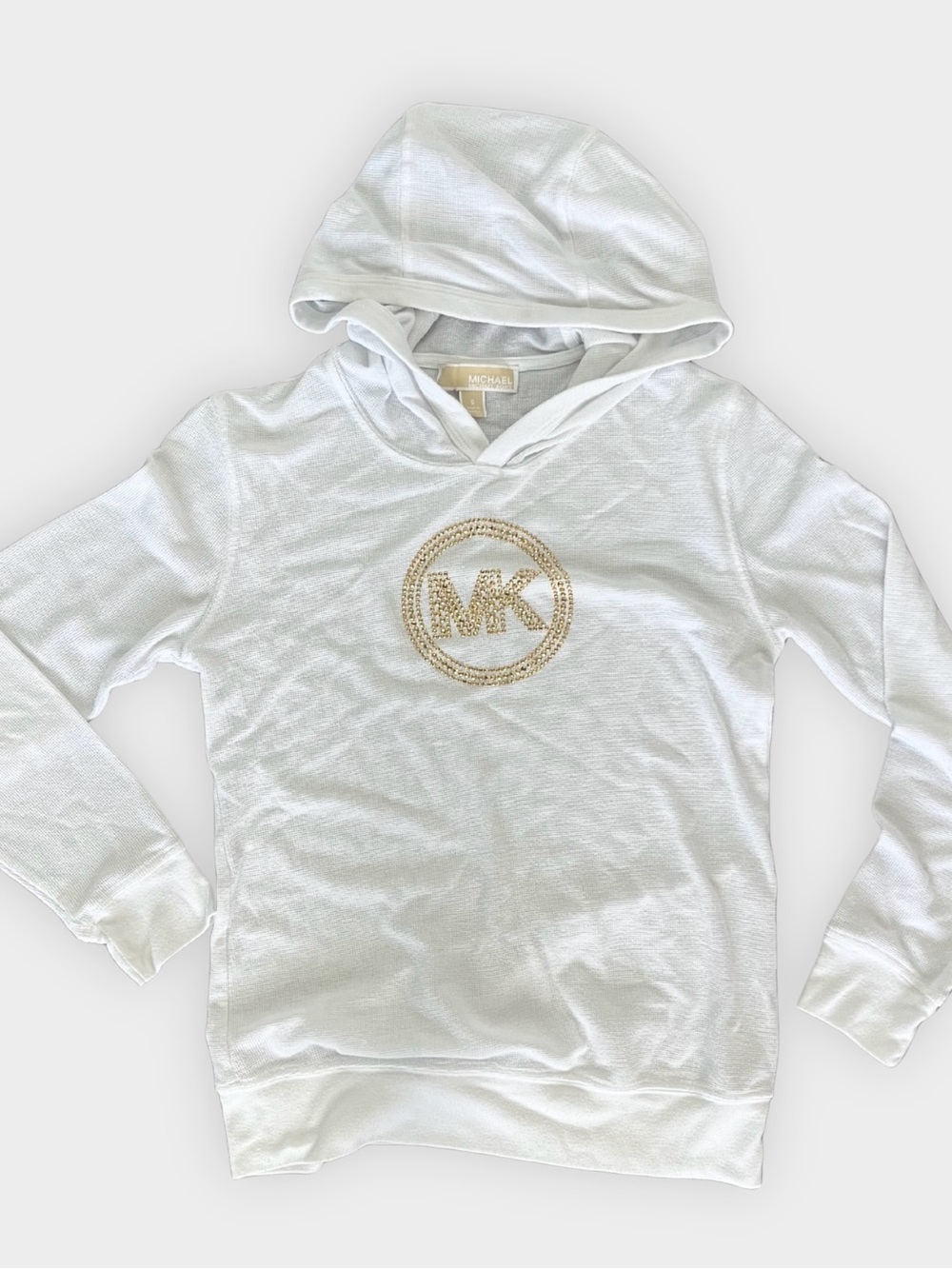 Michael Kors Rhinestone MK Logo Waffle Knit Hoodie White Y2K Size S